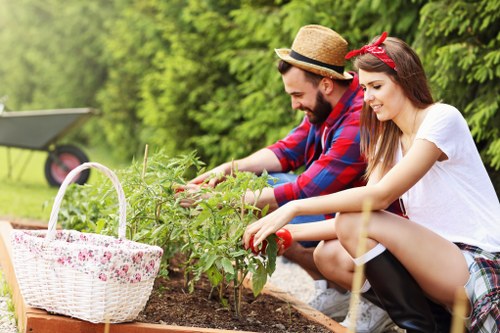 A garden scene in a residential outdoor space with a well-maintained lawn featuring lush, green grass and a variety of plants. In the foreground, a young woman with long brown hair, wearing a white t-shirt, plaid skirt, and black boots, is kneeling and tending to a small shrub or young plant, using her hands to gently care for it. Beside her, a man with a beard, wearing a straw hat and a red flannel shirt, is also engaged in gardening work, focusing on the same plant. A large white wicker basket with a floral pattern is placed nearby, likely used for collecting garden tools or harvested produce. The background showcases a neatly trimmed hedge, some small trees, and a paved pathway, indicating a landscaped backyard garden. The weather appears sunny with soft natural light illuminating the scene, emphasizing the vibrant green foliage and the natural textures of plants and soil. This outdoor garden setting reflects professional gardening and landscaping practices that Lawn Mowing Barbican offers for maintaining attractive and healthy outdoor spaces in the local Barbican area. The environment suggests a peaceful, well-kept garden tailored for outdoor enjoyment and gardening activities.