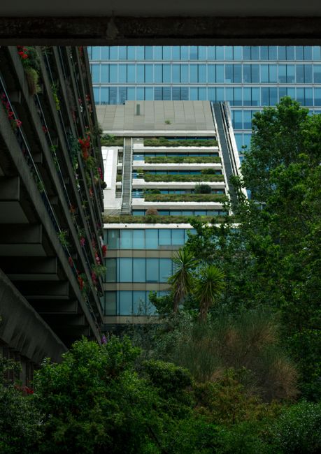 A close-up view of a modern urban building's exterior, featuring a textured, cylindrical concrete support column with a curved capital, supporting a large, rounded overhang made of similar rough-textu